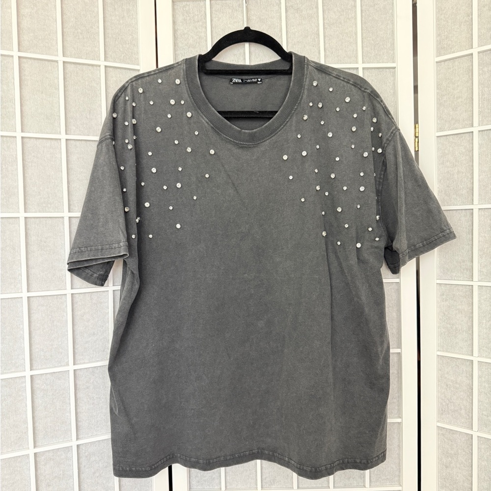 Zara Grey DiamonStudded Crewneck Cropped T-Shirt